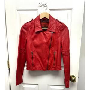 Zara Woman Premium Denimwear Red Genuine Leather Moto Biker Jacket Lined Size M
